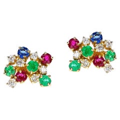 Ruby, Emerald, Sapphire and Diamond Stud Earrings