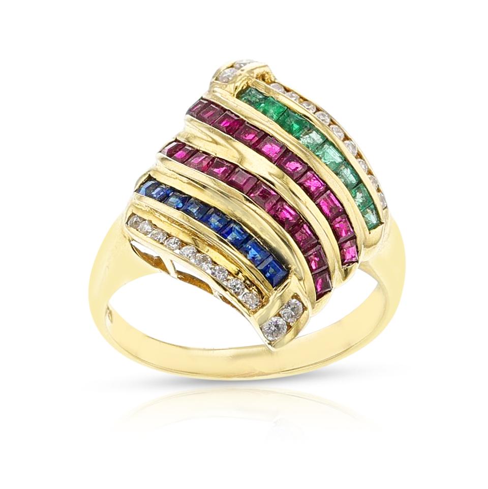 Suite mit Ohrringen, Ring und Anhänger, Rubin, Smaragd, Saphir und Diamant, 18k für Damen oder Herren im Angebot