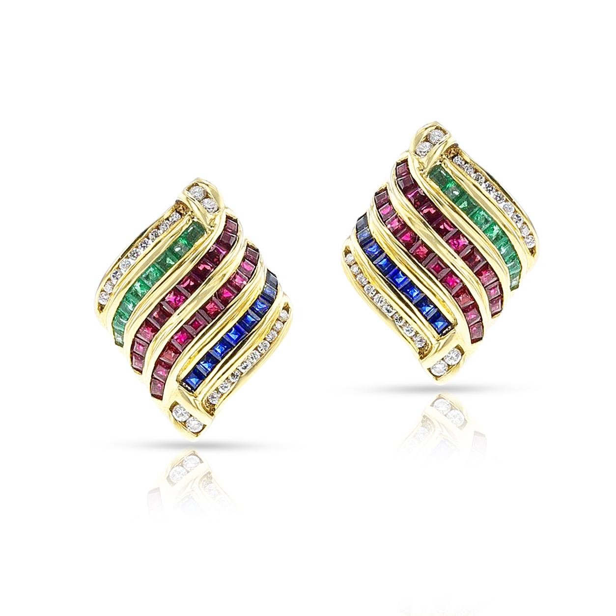 Suite mit Ohrringen, Ring und Anhänger, Rubin, Smaragd, Saphir und Diamant, 18k im Angebot 2