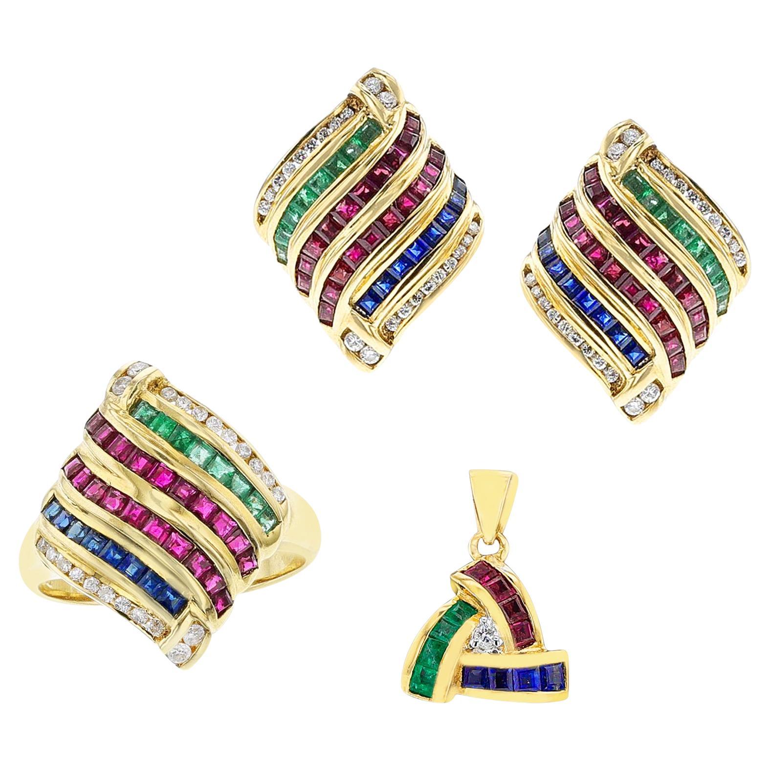 Ruby, Emerald, Sapphire and Diamond Suite with Earrings, Ring, and Pendant, 18k