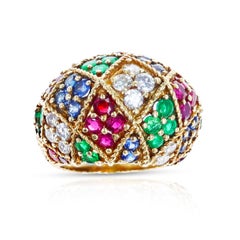 Ruby, Emerald, Sapphire and Diamond Textured Gold Bombe Ring