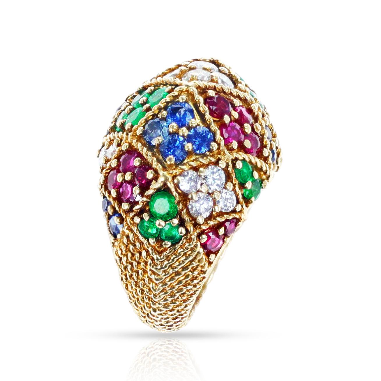 Ruby, Emerald, Sapphire and Diamond Textured Gold Bombe Ring In Excellent Condition For Sale In New York, NY