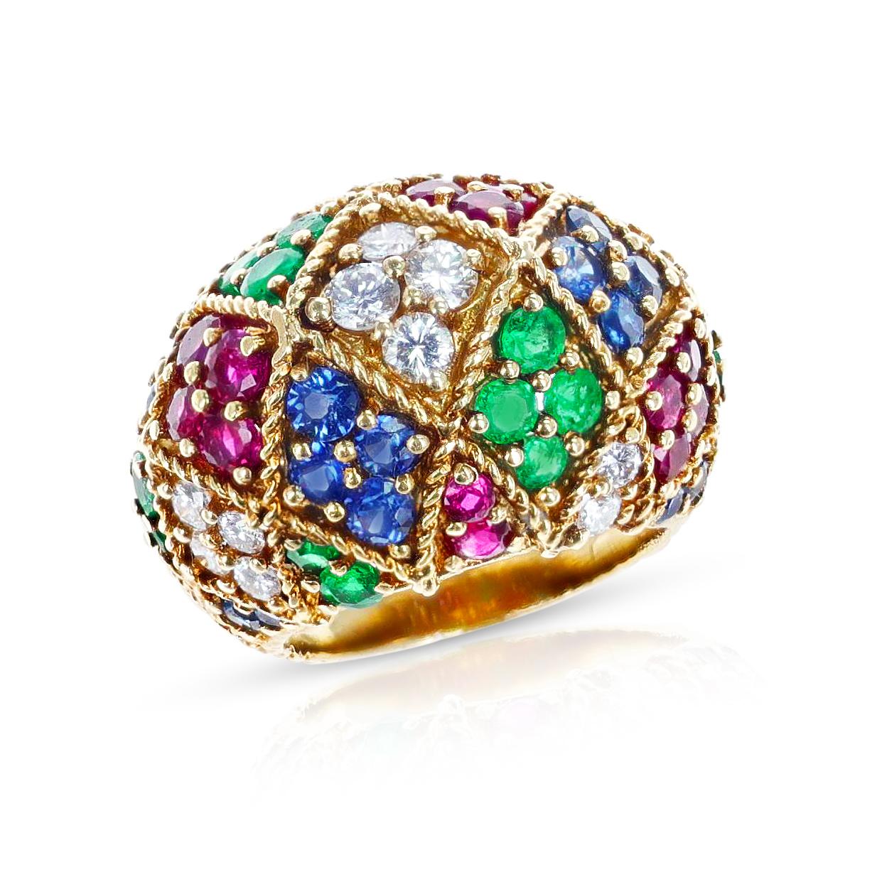 Women's or Men's Ruby, Emerald, Sapphire and Diamond Textured Gold Bombe Ring For Sale