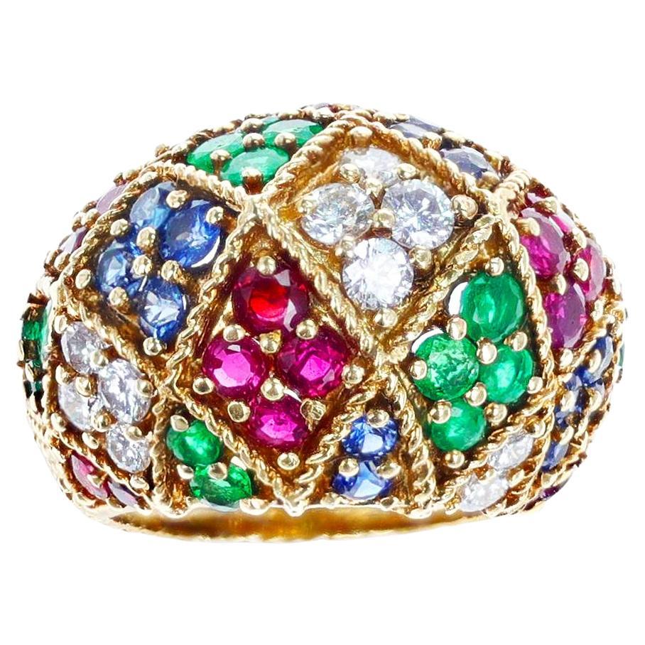 Ruby, Emerald, Sapphire and Diamond Textured Gold Bombe Ring For Sale