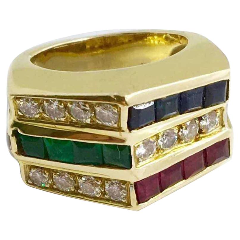 Ruby, Emerald, Sapphire, and Diamond Yellow Gold Ring For Sale