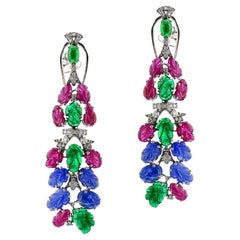 Vintage Ruby, Emerald, Sapphire Carved Leaves with Diamond Chandelier Earrings, 18k