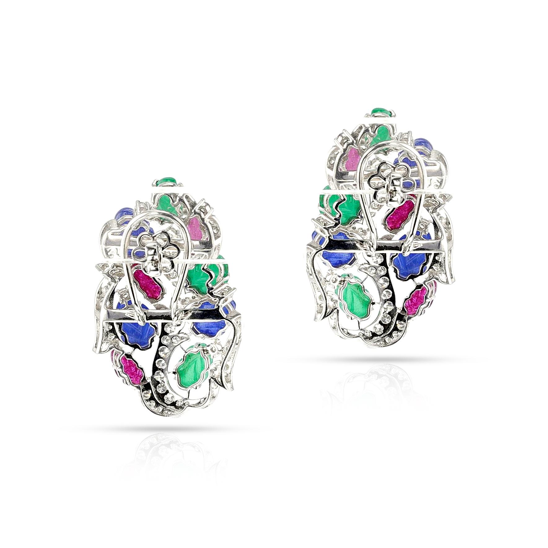Ruby, Emerald, Sapphire Carved Leaves with Diamond Earrings, 18k In Excellent Condition For Sale In New York, NY