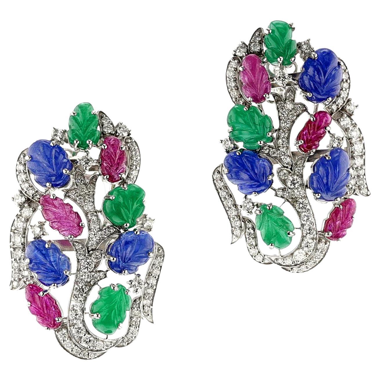 Ruby, Emerald, Sapphire Carved Leaves with Diamond Earrings, 18k For Sale