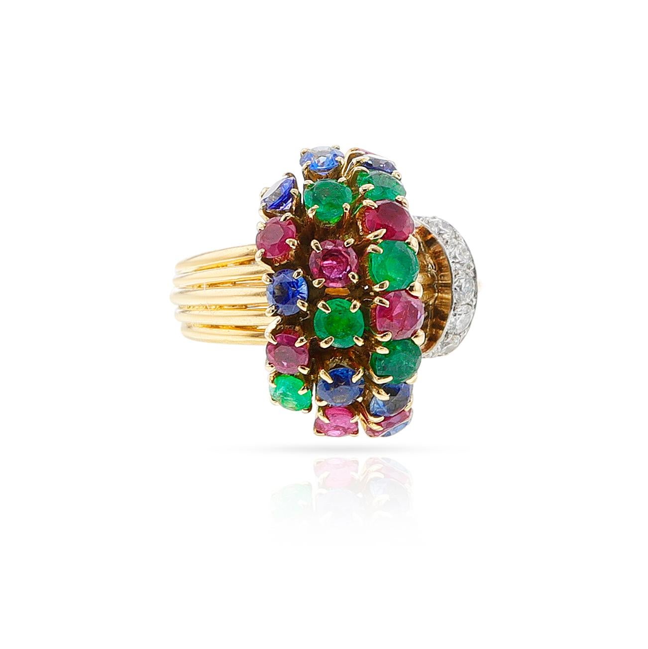 Round Cut Ruby, Emerald, Sapphire, Diamond Cocktail Ring, 18k For Sale
