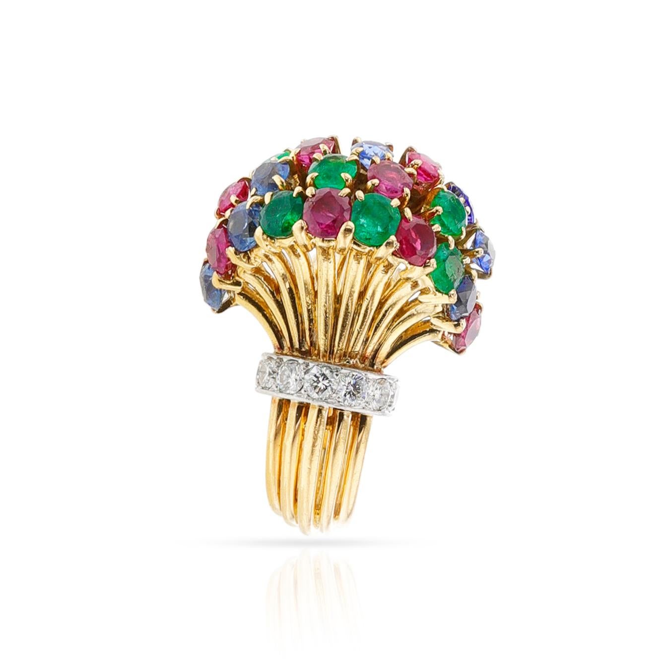 Ruby, Emerald, Sapphire, Diamond Cocktail Ring, 18k In Excellent Condition For Sale In New York, NY