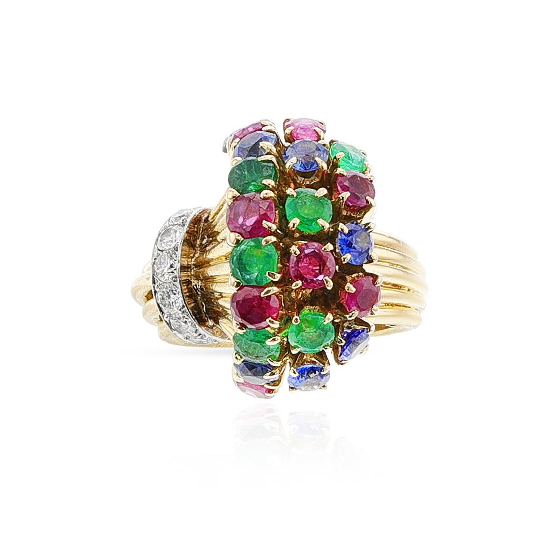 Women's or Men's Ruby, Emerald, Sapphire, Diamond Cocktail Ring, 18k For Sale
