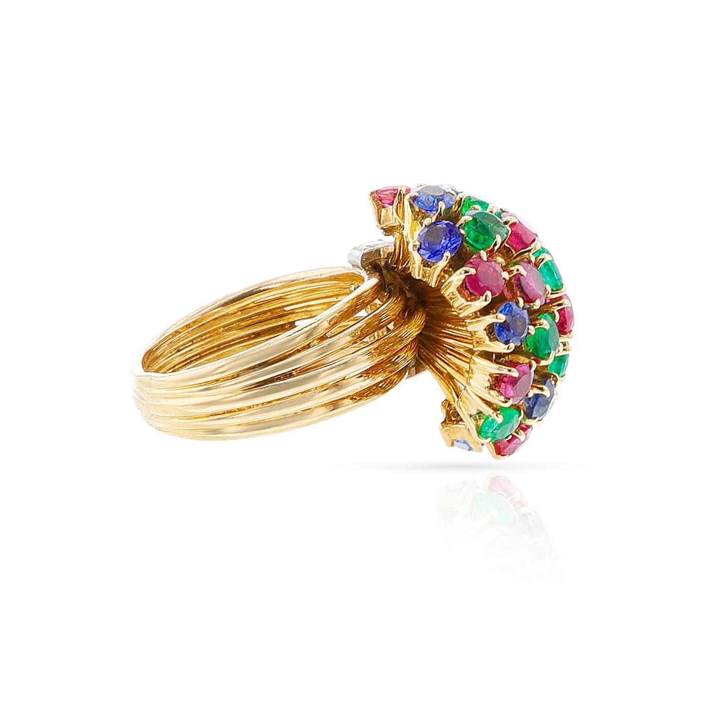 Ruby, Emerald, Sapphire, Diamond Cocktail Ring, 18k For Sale 1