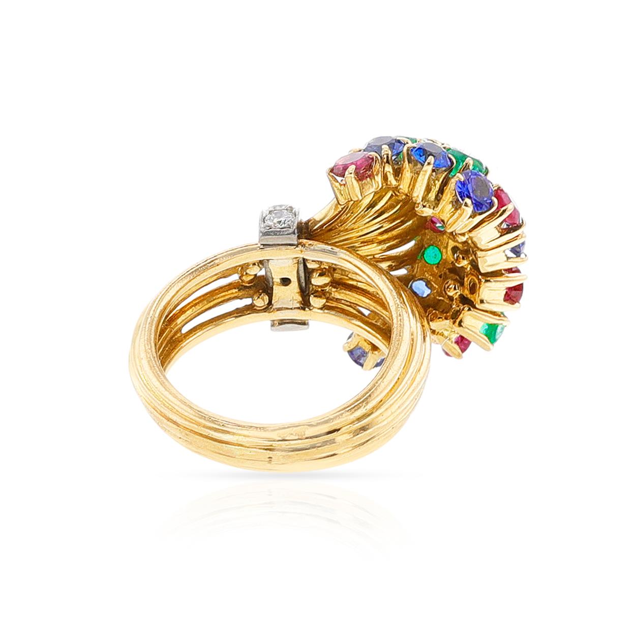 Ruby, Emerald, Sapphire, Diamond Cocktail Ring, 18k For Sale 2