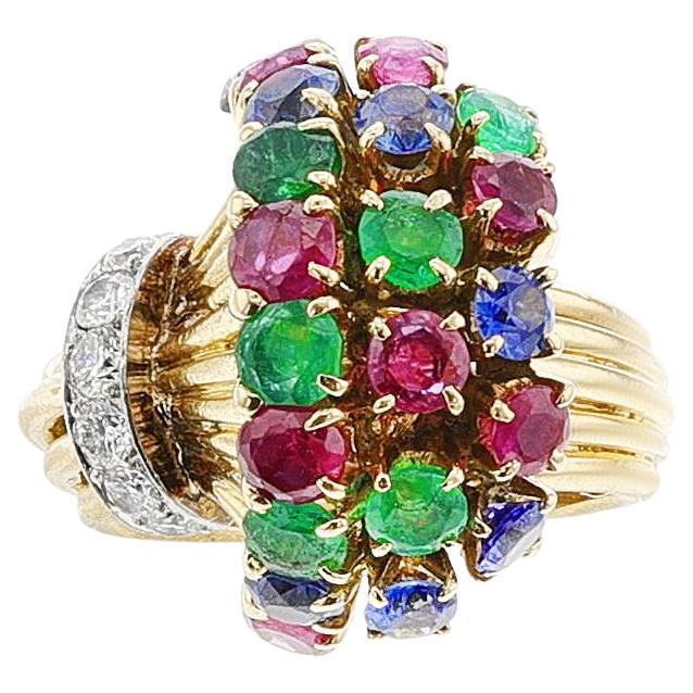 Ruby, Emerald, Sapphire, Diamond Cocktail Ring, 18k For Sale