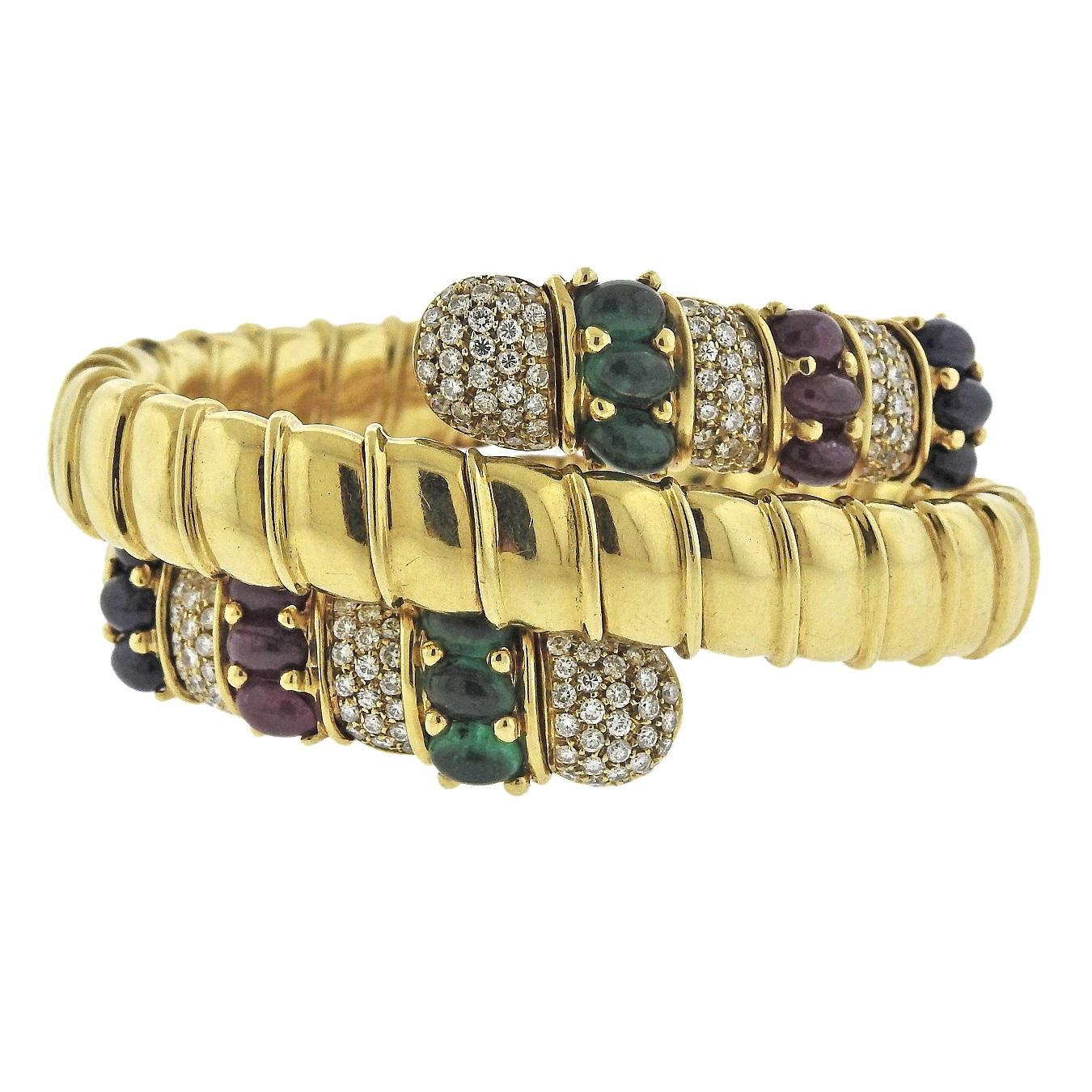 Ruby Emerald Sapphire Diamond Gold Wrap Bracelet