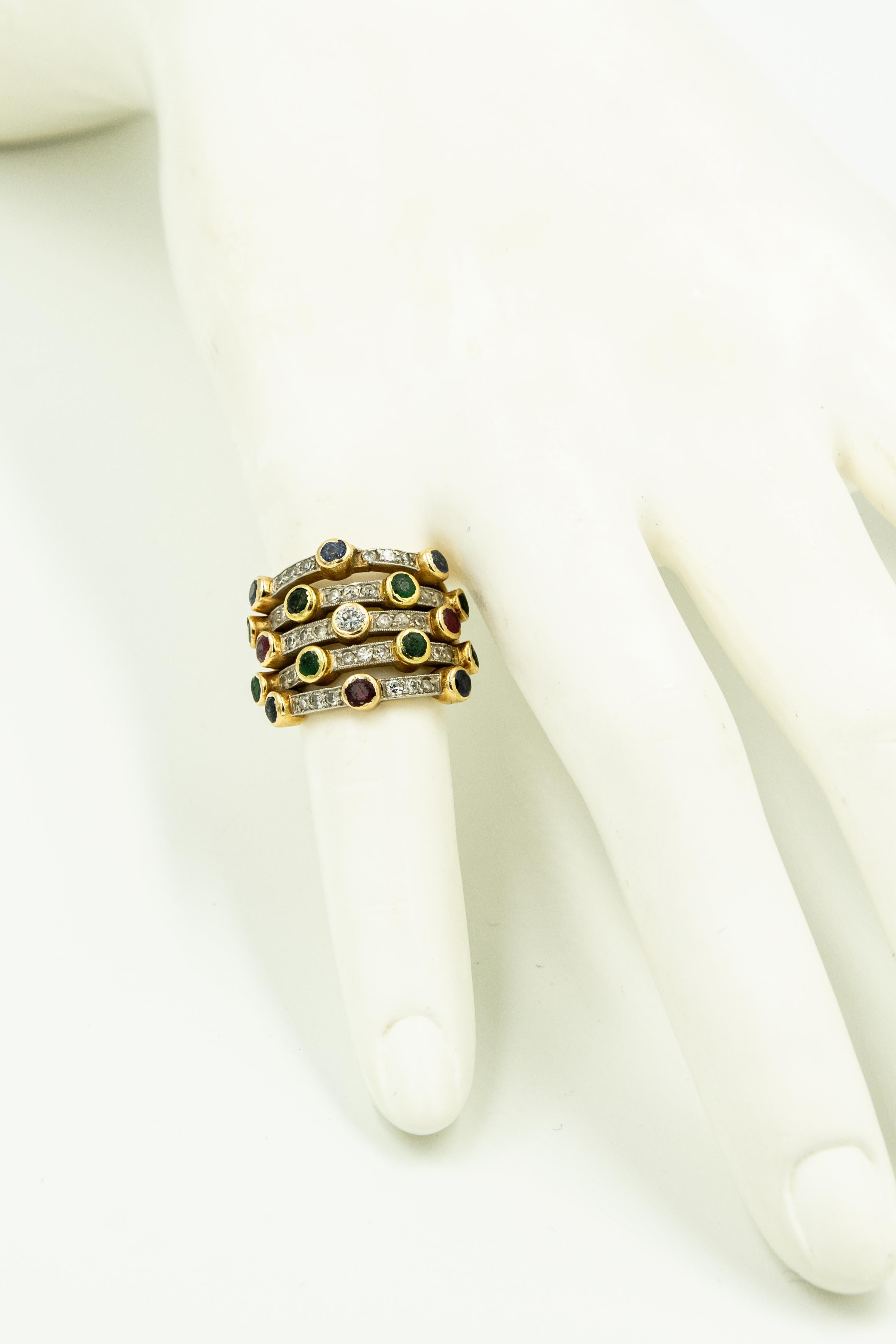 Ruby Emerald Sapphire Diamond Harem Stacked Gold Ring and Bangle Bracelet Set 6