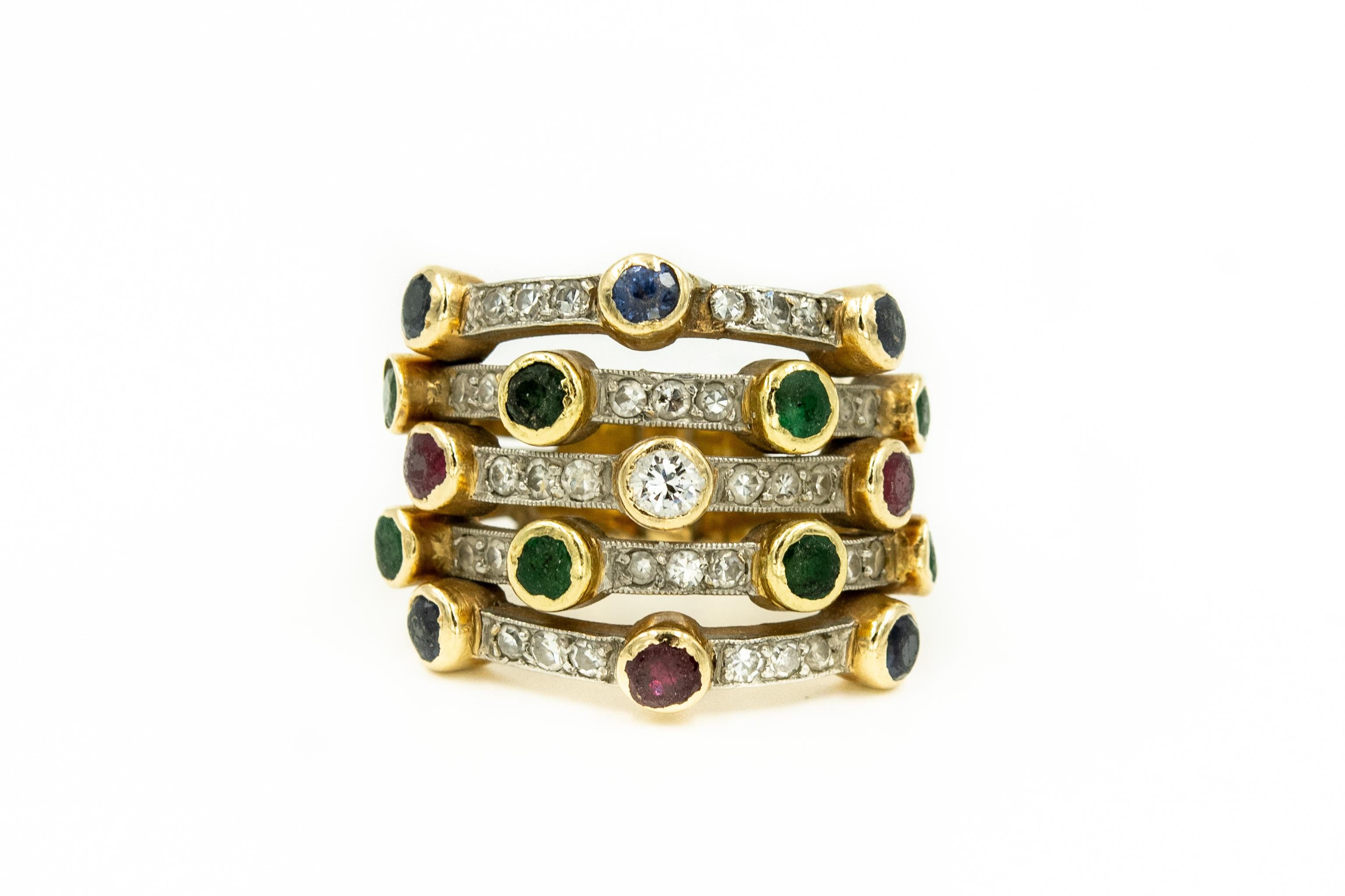 Late 20th Century 14k yellow gold gemstone Harem ring and bracelet set with an approximate total diamond weight of 3 carats for both pieces.

A ring that contains 5 bands that are stacked permanently. Each ring has smaller single cut diamonds