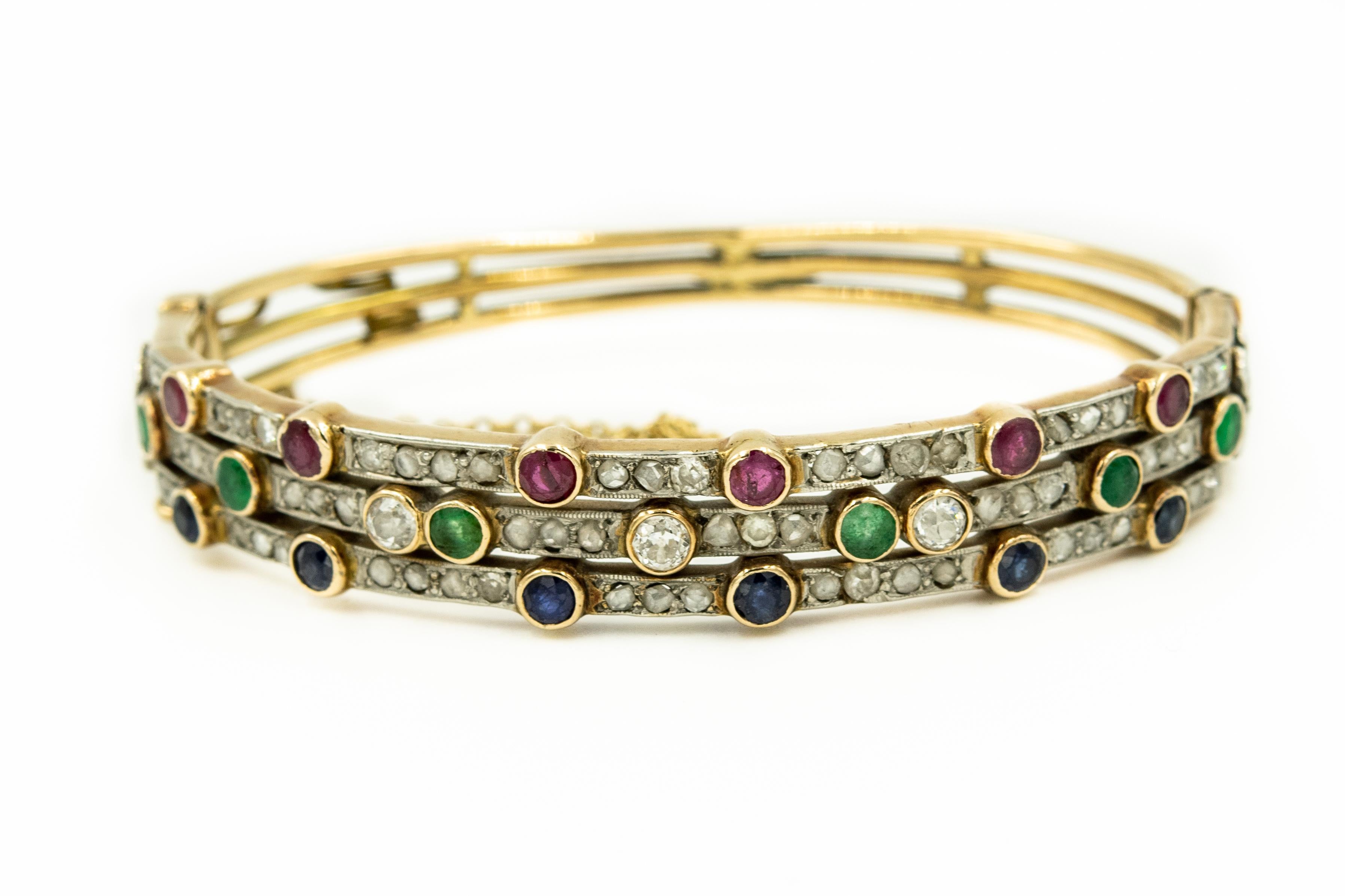 Ruby Emerald Sapphire Diamond Harem Stacked Gold Ring and Bangle Bracelet Set In Good Condition In Miami Beach, FL