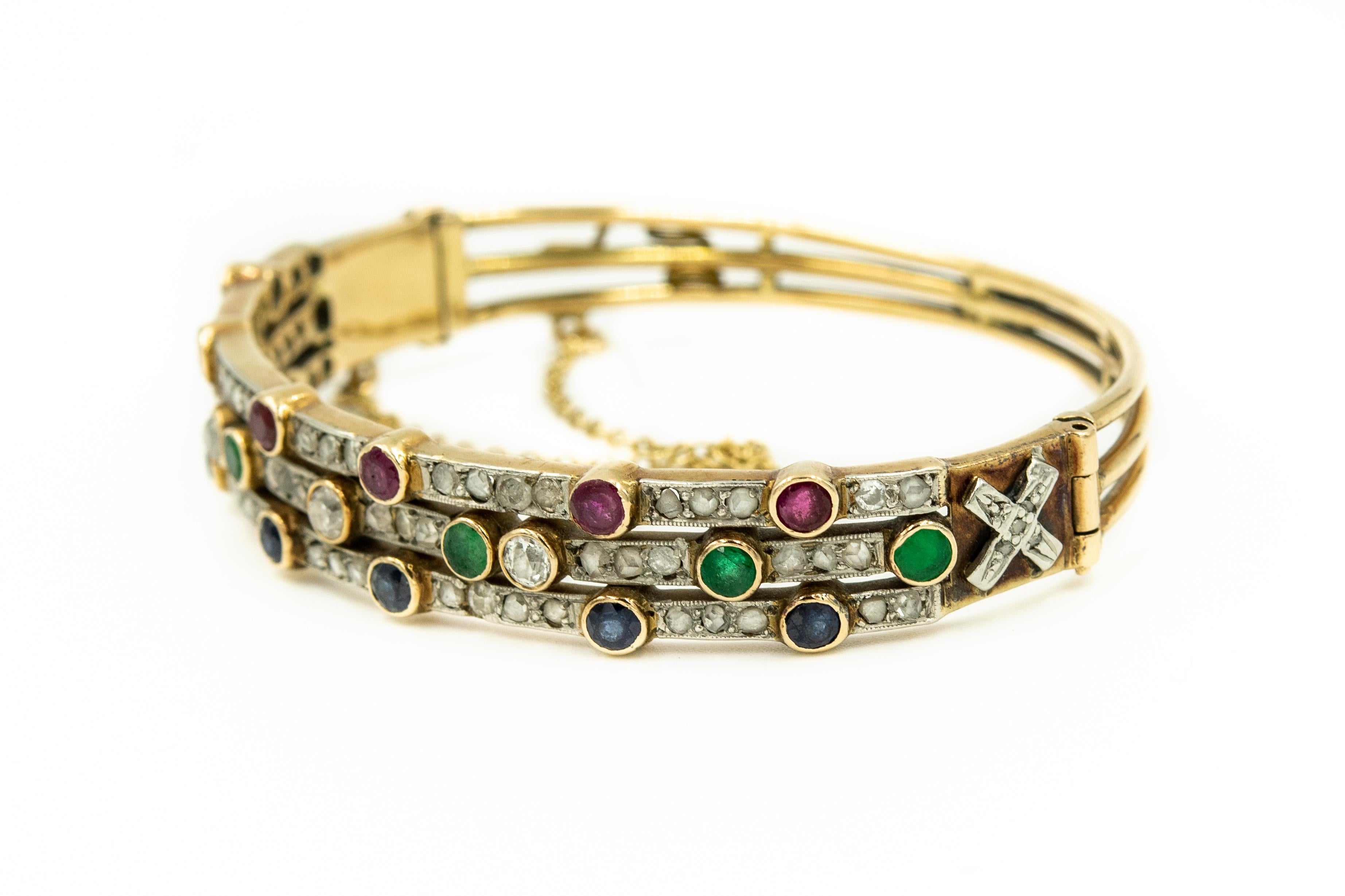 Women's Ruby Emerald Sapphire Diamond Harem Stacked Gold Ring and Bangle Bracelet Set