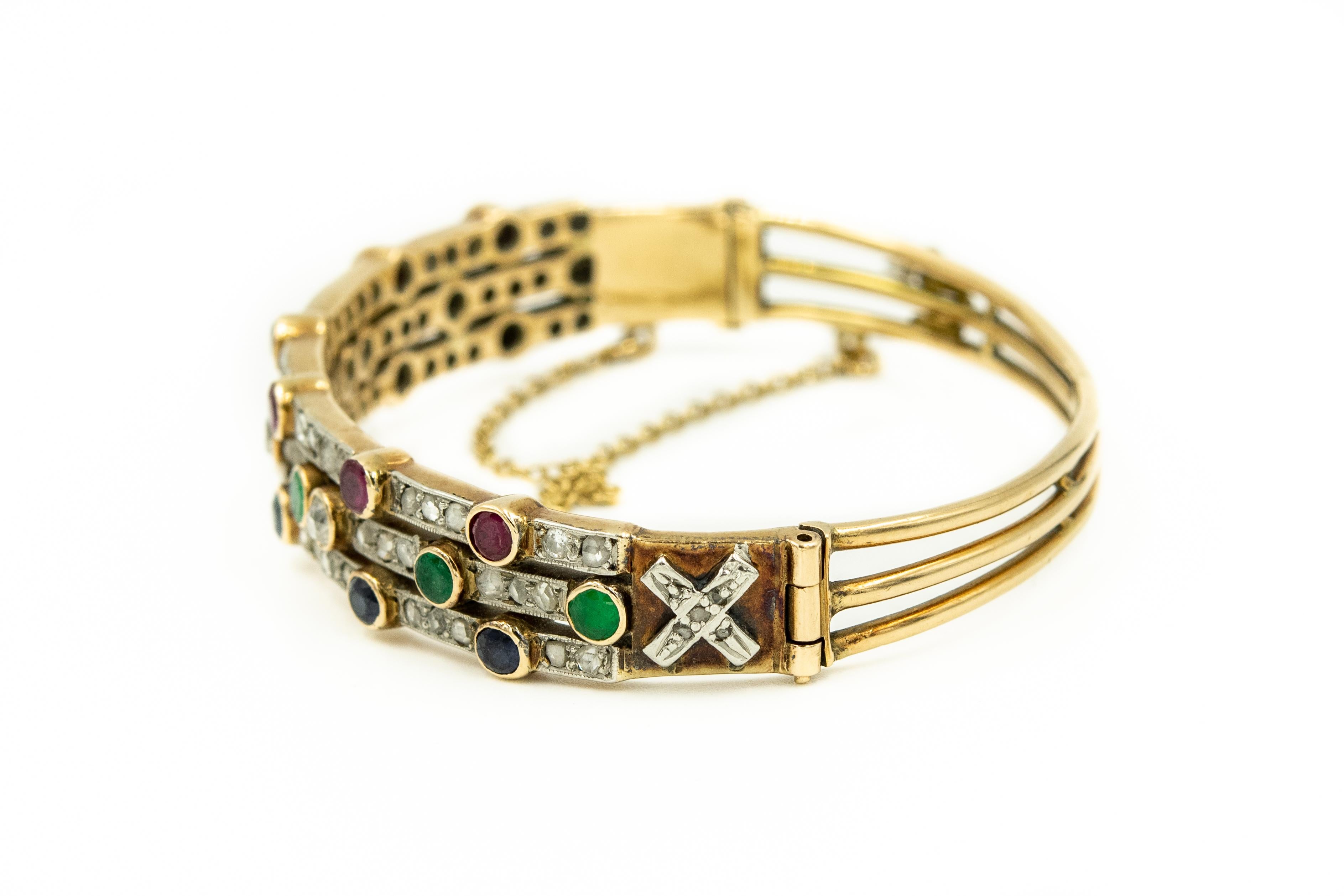 Ruby Emerald Sapphire Diamond Harem Stacked Gold Ring and Bangle Bracelet Set 1