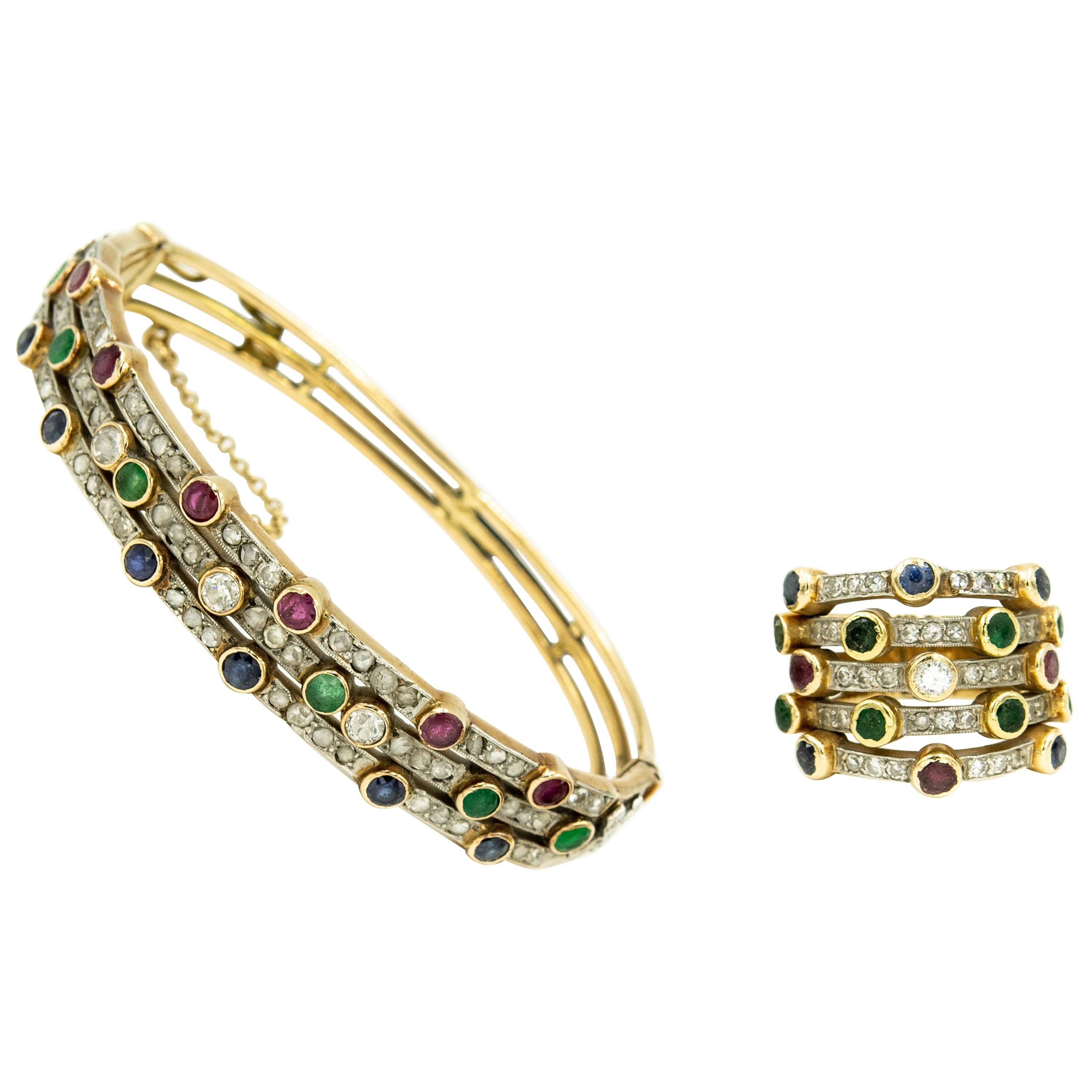 Ruby Emerald Sapphire Diamond Harem Stacked Gold Ring and Bangle Bracelet Set