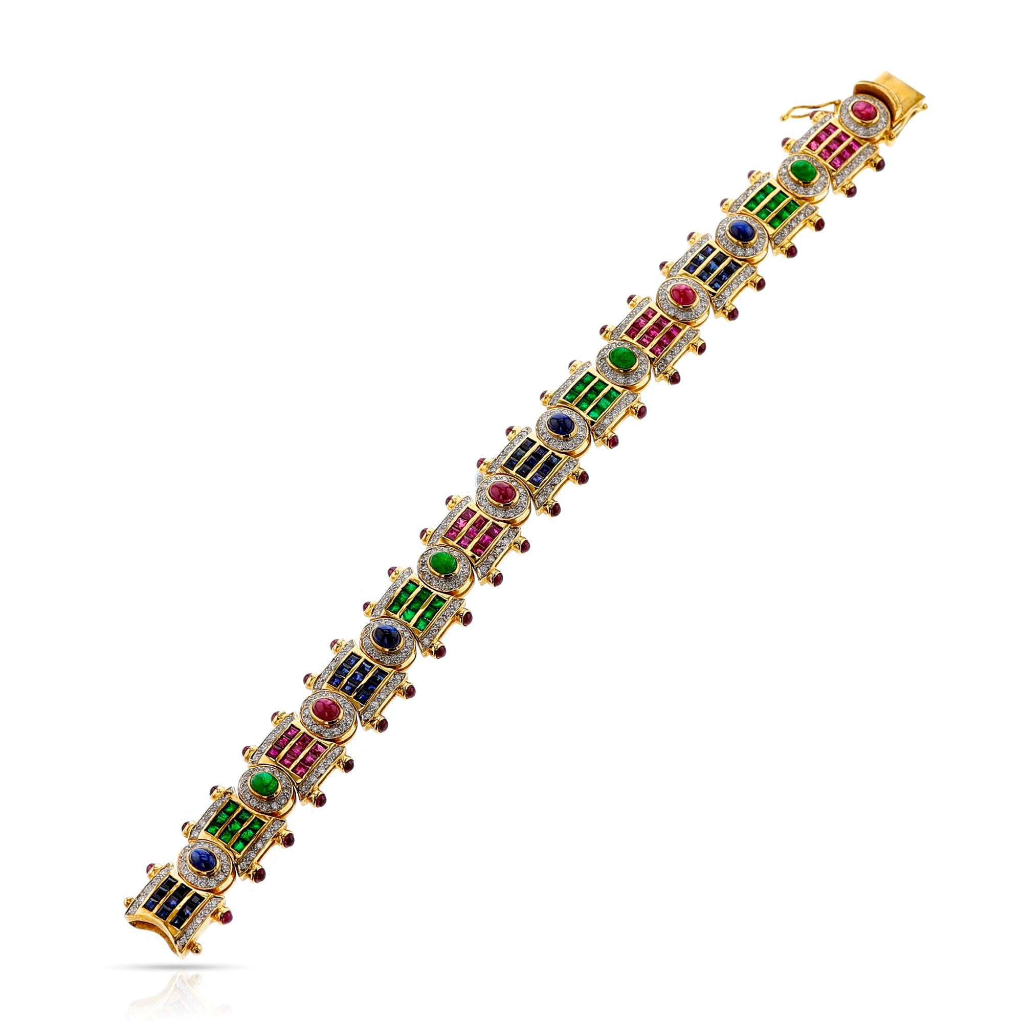 Ruby, Emerald, Sapphire, Diamond, Mixed Cut and Cabochon Bracelet, 18k In Excellent Condition For Sale In New York, NY