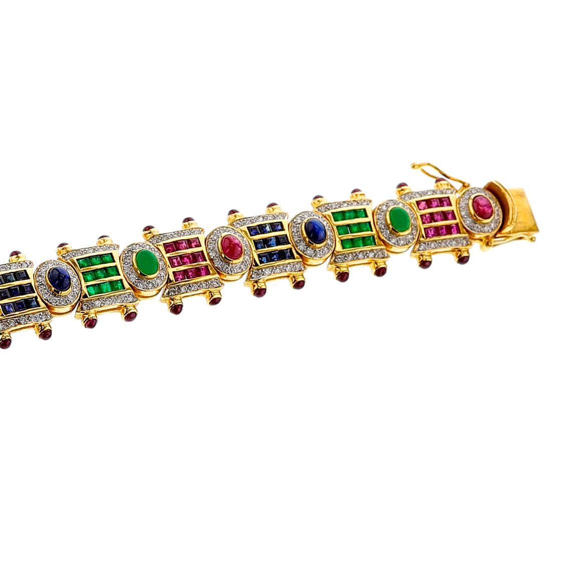 Women's or Men's Ruby, Emerald, Sapphire, Diamond, Mixed Cut and Cabochon Bracelet, 18k For Sale