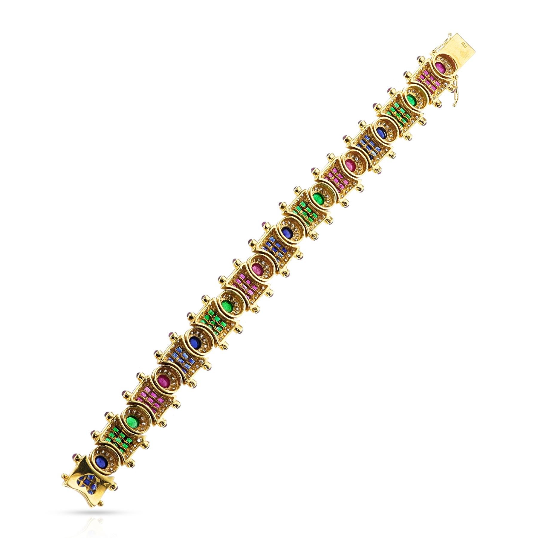 Ruby, Emerald, Sapphire, Diamond, Mixed Cut and Cabochon Bracelet, 18k For Sale 1