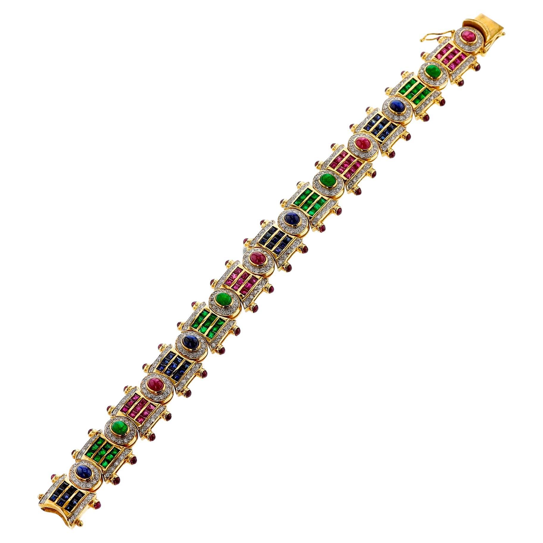 Ruby, Emerald, Sapphire, Diamond, Mixed Cut and Cabochon Bracelet, 18k For Sale