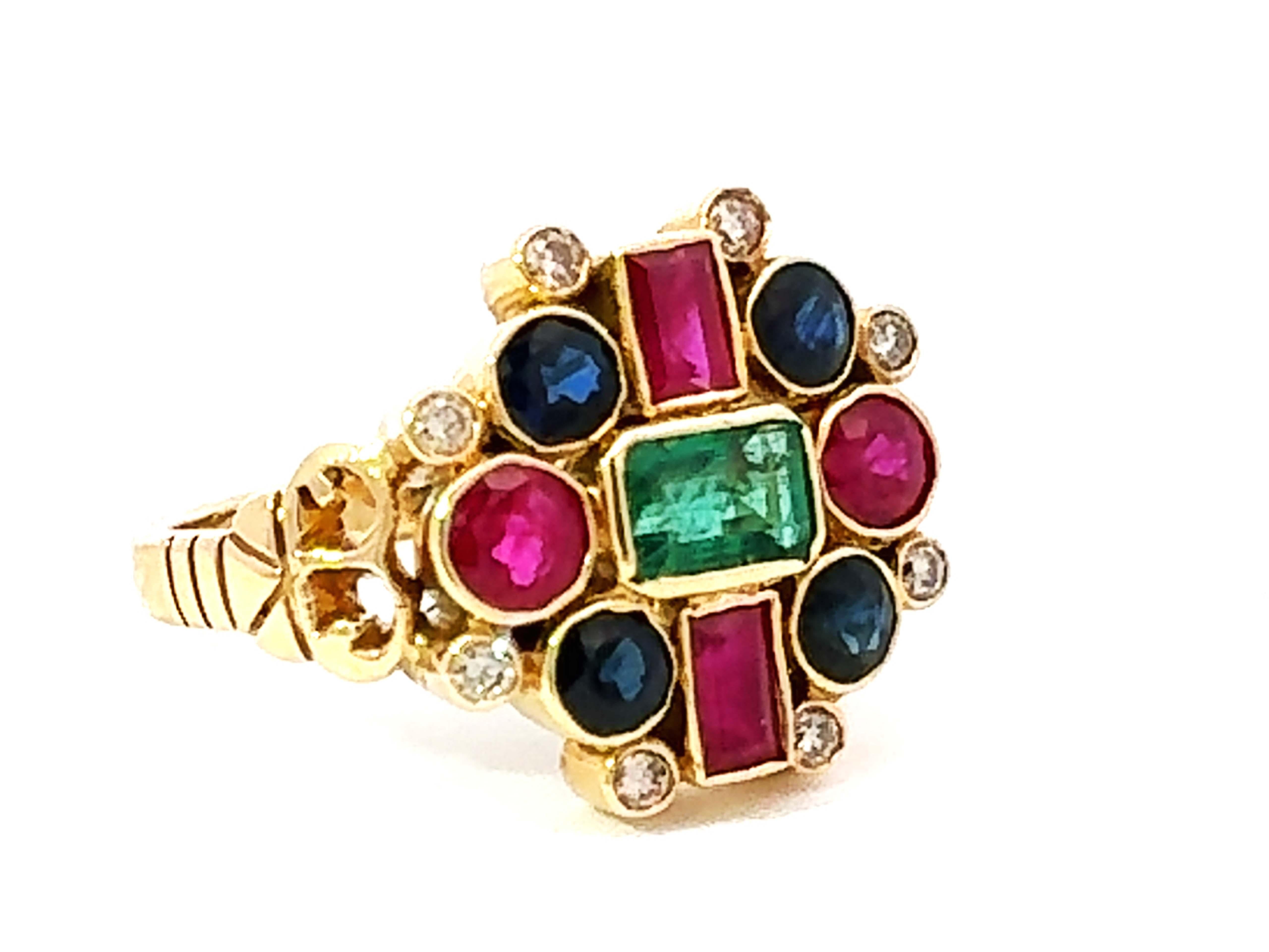 Rubí Esmeralda Zafiro Diamante Anillo Oro Amarillo 18k Moderno en venta