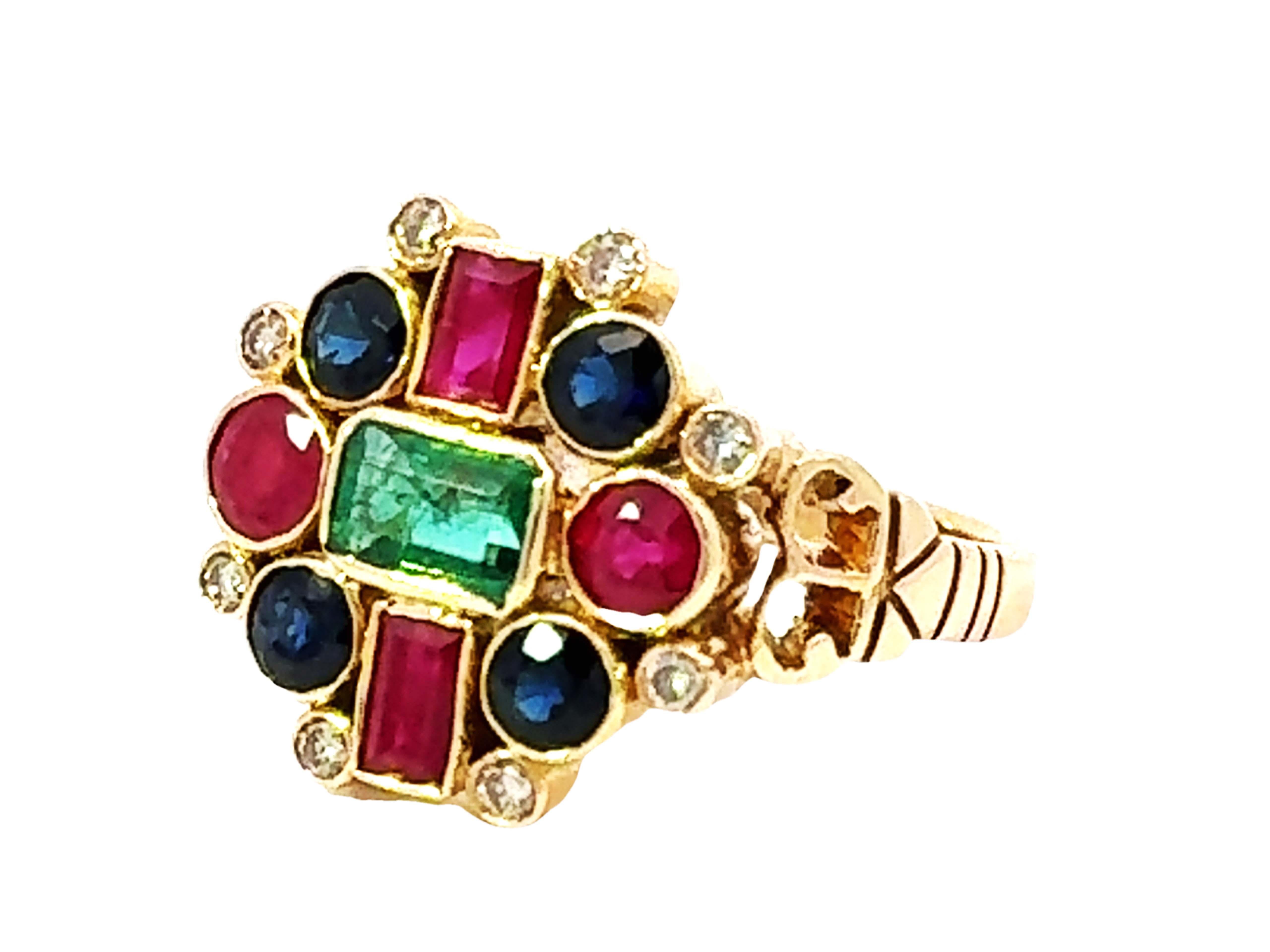 Rubí Esmeralda Zafiro Diamante Anillo Oro Amarillo 18k Corte redondo en venta