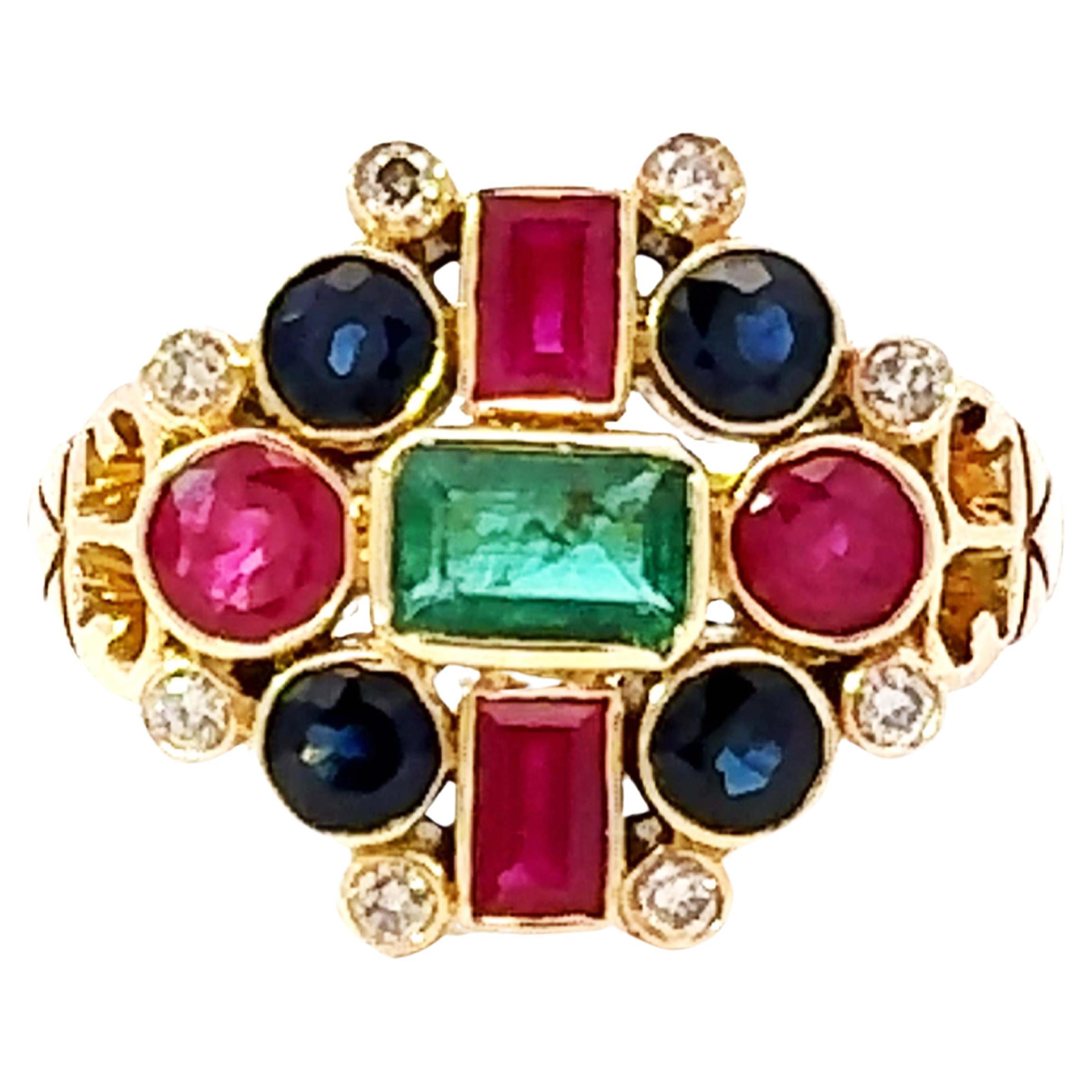 Ruby Emerald Sapphire Diamond Ring 18k Yellow Gold