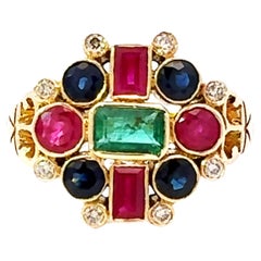 Vintage Ruby Emerald Sapphire Diamond Ring 18k Yellow Gold