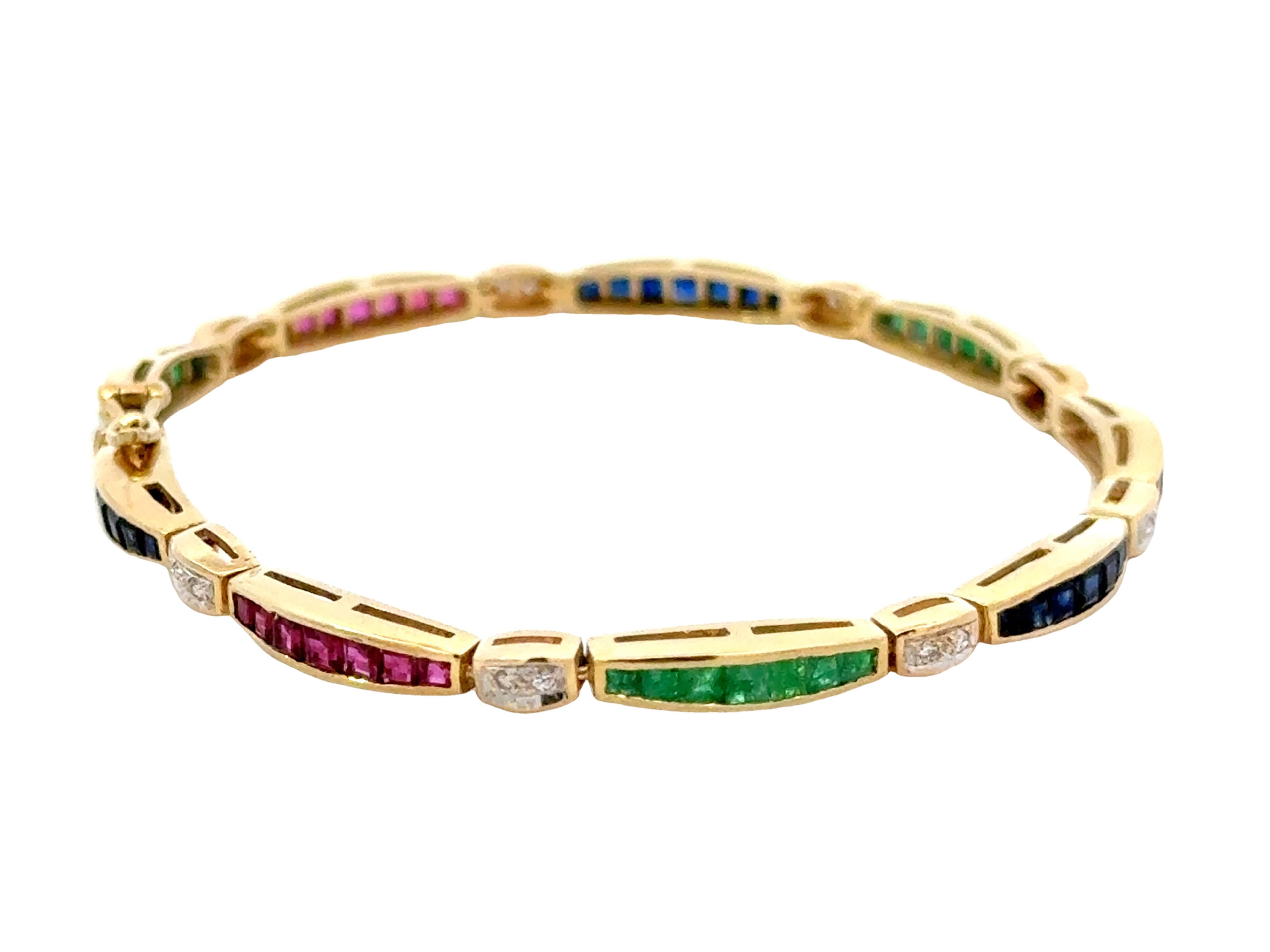 Moderno Rubino, smeraldo, zaffiro, diamante, bracciale componibile in oro giallo massiccio 14 ct. in vendita