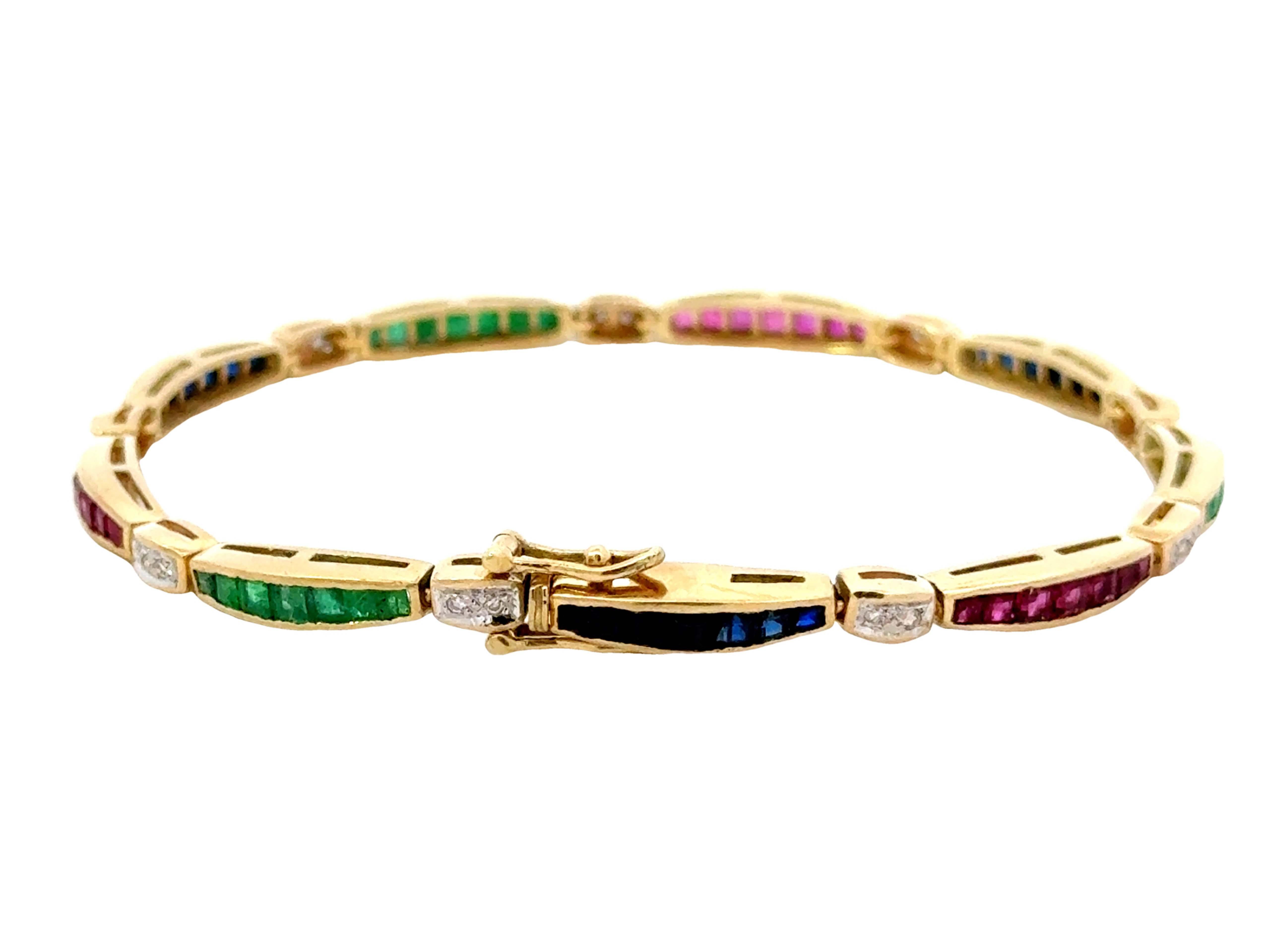 Taglio brillante Rubino, smeraldo, zaffiro, diamante, bracciale componibile in oro giallo massiccio 14 ct. in vendita