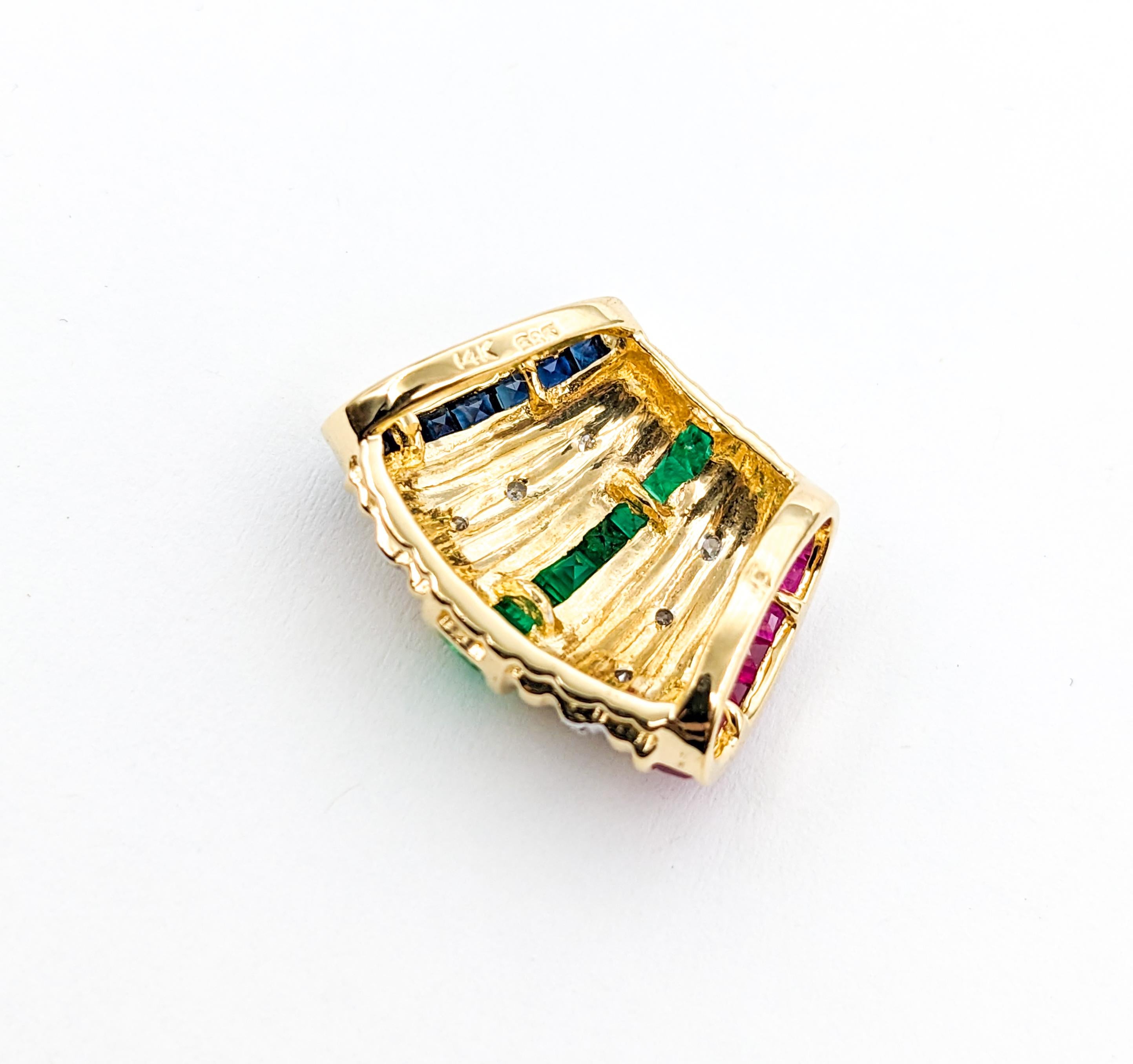  Ruby, Emerald, Sapphire & Diamond Slide Pendant In Yellow Gold In Excellent Condition For Sale In Bloomington, MN