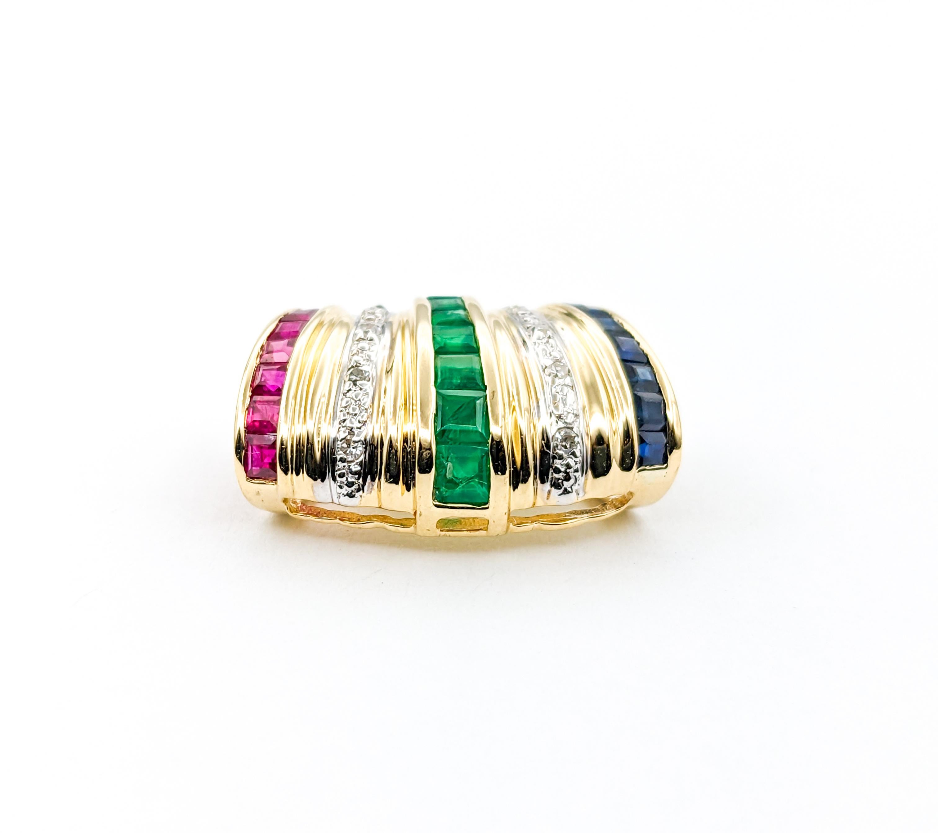 Women's  Ruby, Emerald, Sapphire & Diamond Slide Pendant In Yellow Gold For Sale