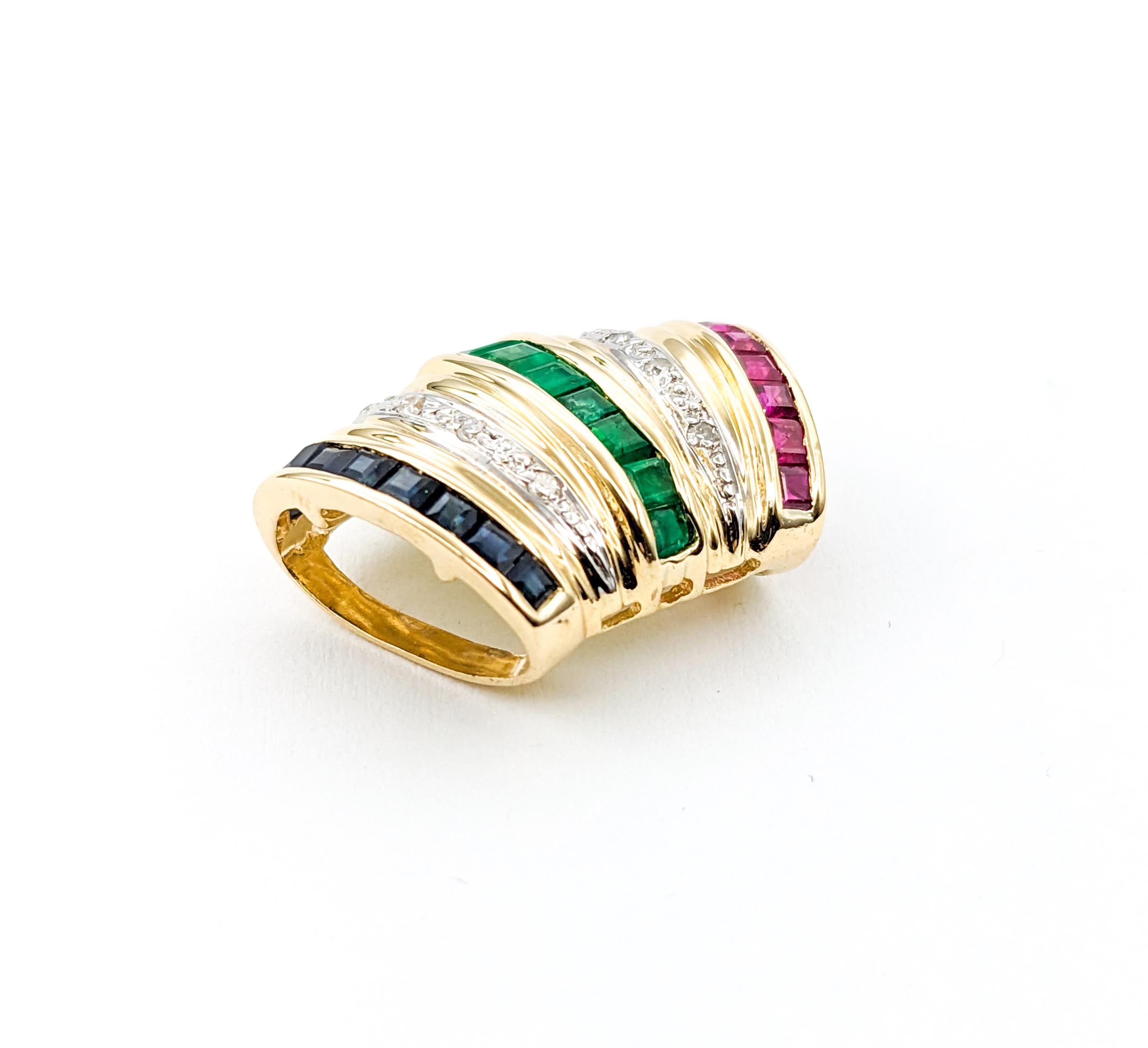  Ruby, Emerald, Sapphire & Diamond Slide Pendant In Yellow Gold For Sale 2