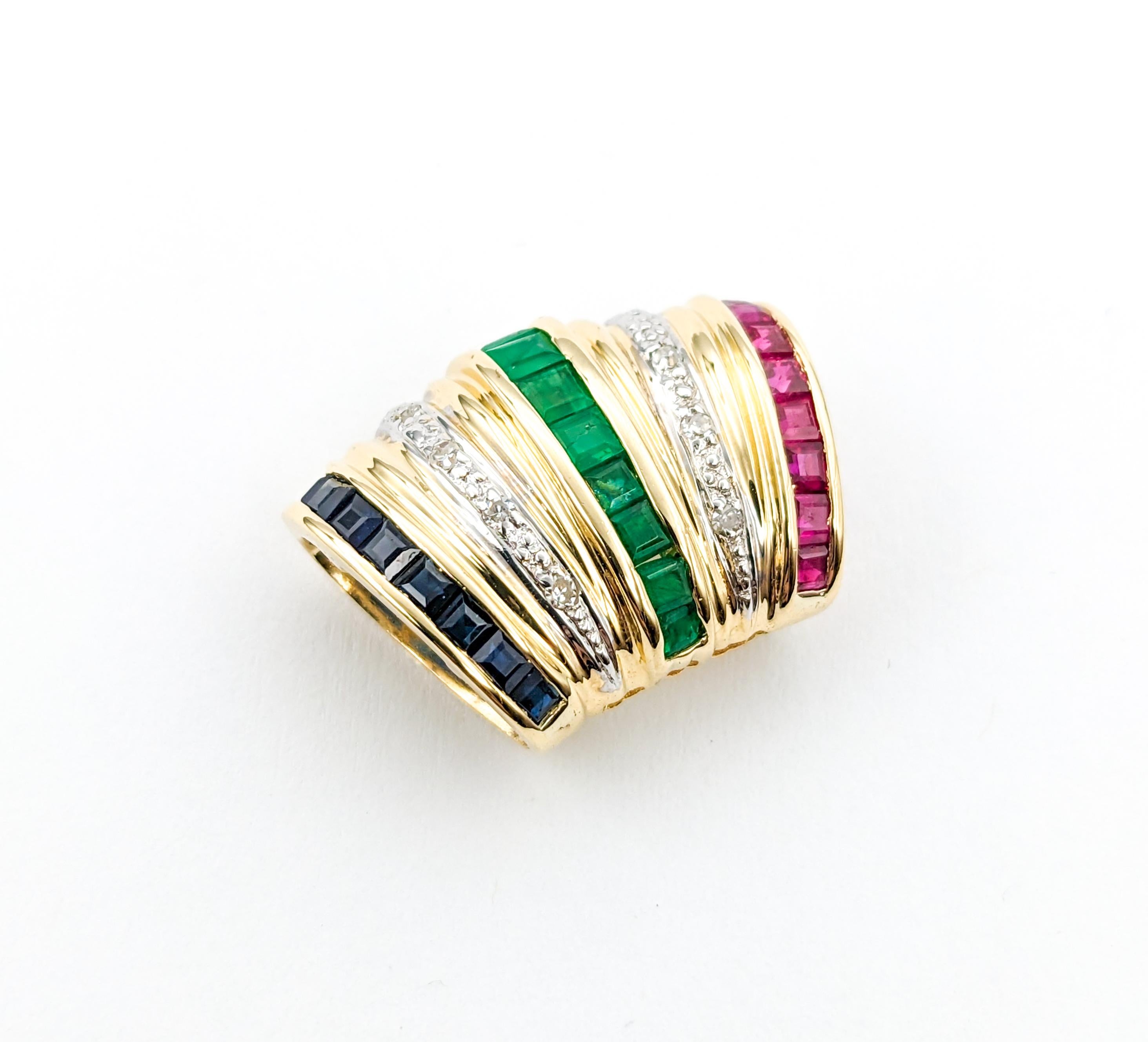  Ruby, Emerald, Sapphire & Diamond Slide Pendant In Yellow Gold For Sale 3