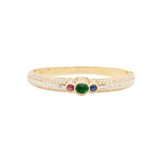 Ruby, Emerald, Sapphire & Diamond Statement Bangle Bracelet in 18K Yellow Gold