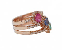 Bague en or rose 18 carats, rubis, émeraude, saphir, diamants.