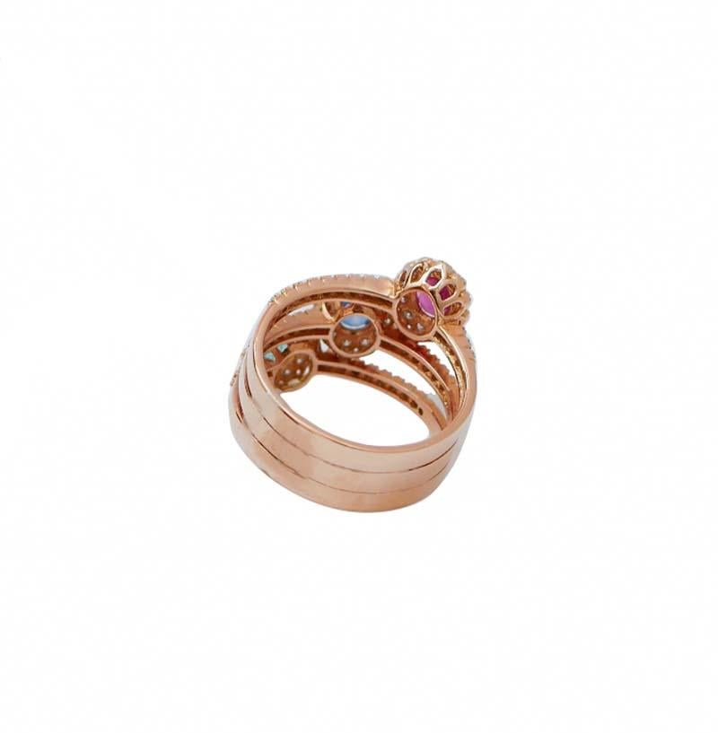 Mixed Cut Ruby, Emerald, Sapphire, Diamonds, 18 Karat Rose Gold Ring. For Sale