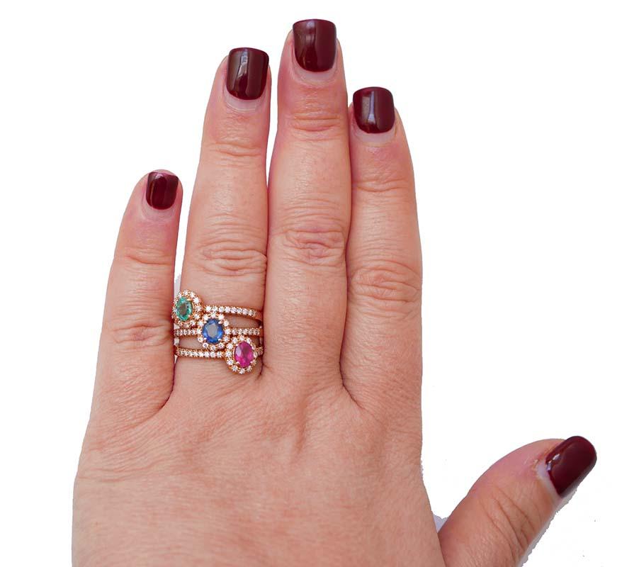 Ruby, Emerald, Sapphire, Diamonds, 18 Karat Rose Gold Ring. In New Condition For Sale In Marcianise, Marcianise (CE)
