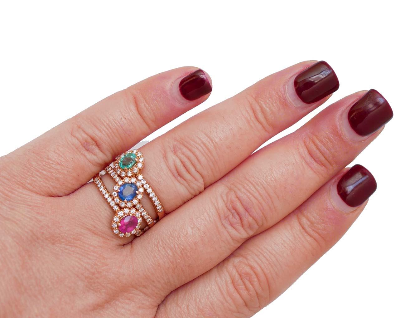 Women's Ruby, Emerald, Sapphire, Diamonds, 18 Karat Rose Gold Ring. For Sale