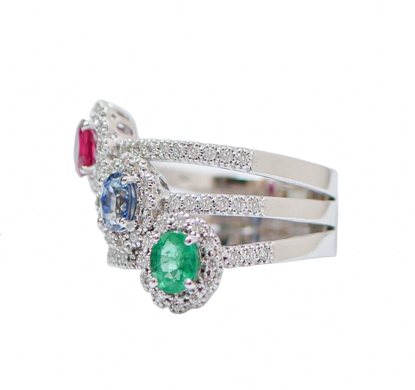 Modern Ruby, Emerald, Sapphire, Diamonds, 18 Karat White Gold Ring. For Sale