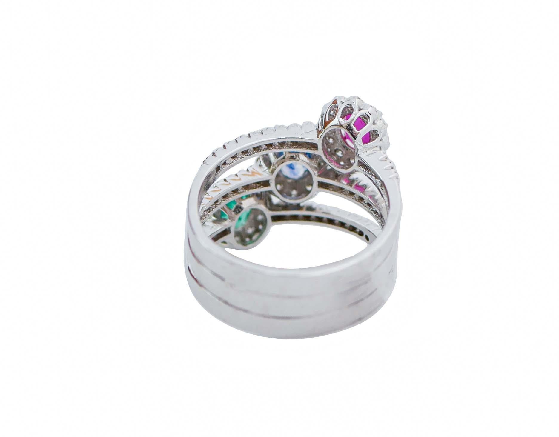 Mixed Cut Ruby, Emerald, Sapphire, Diamonds, 18 Karat White Gold Ring. For Sale