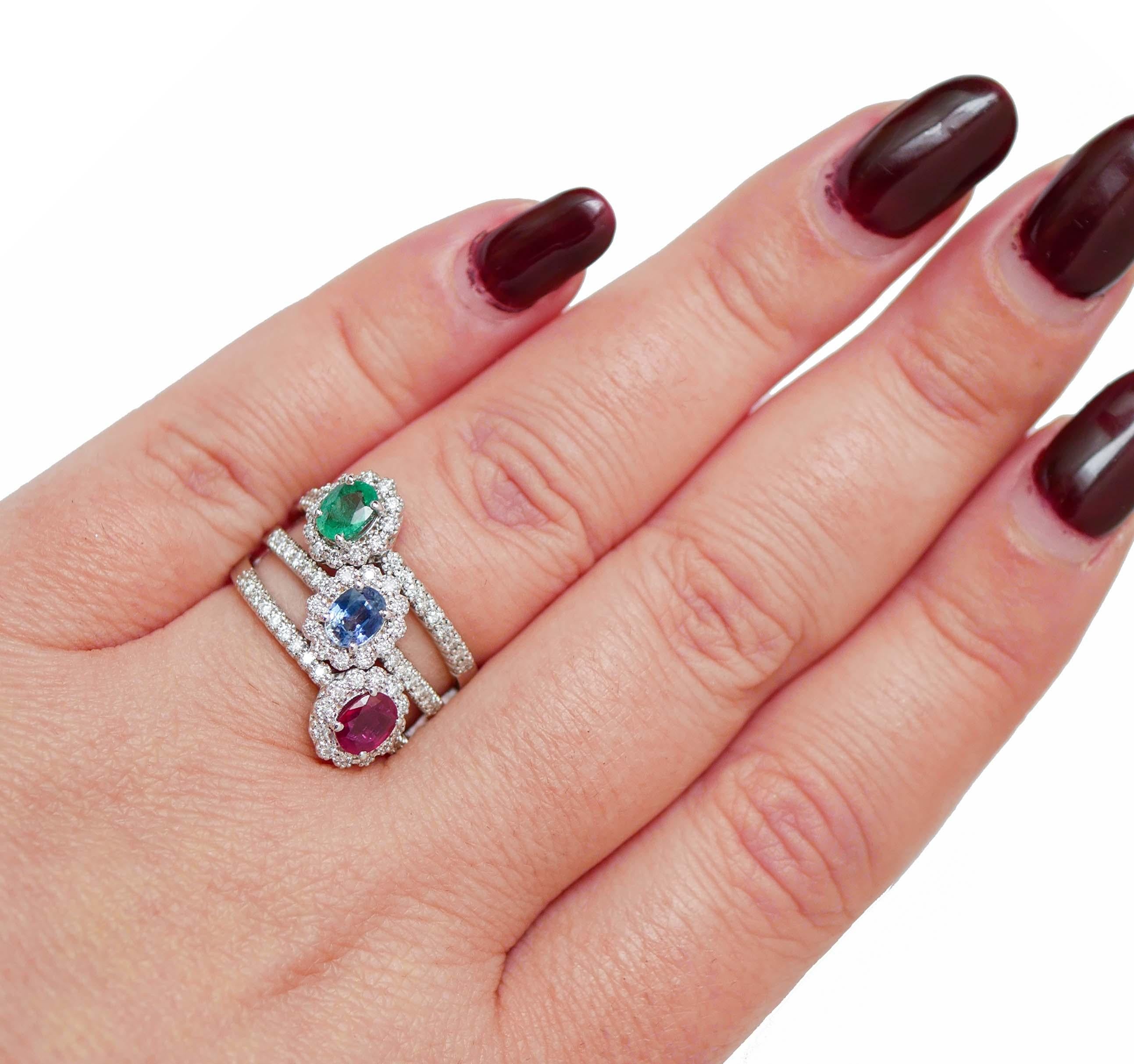 Women's Ruby, Emerald, Sapphire, Diamonds, 18 Karat White Gold Ring. For Sale