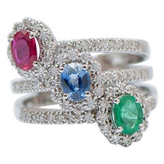 Ruby, Emerald, Sapphire, Diamonds, 18 Karat White Gold Ring.