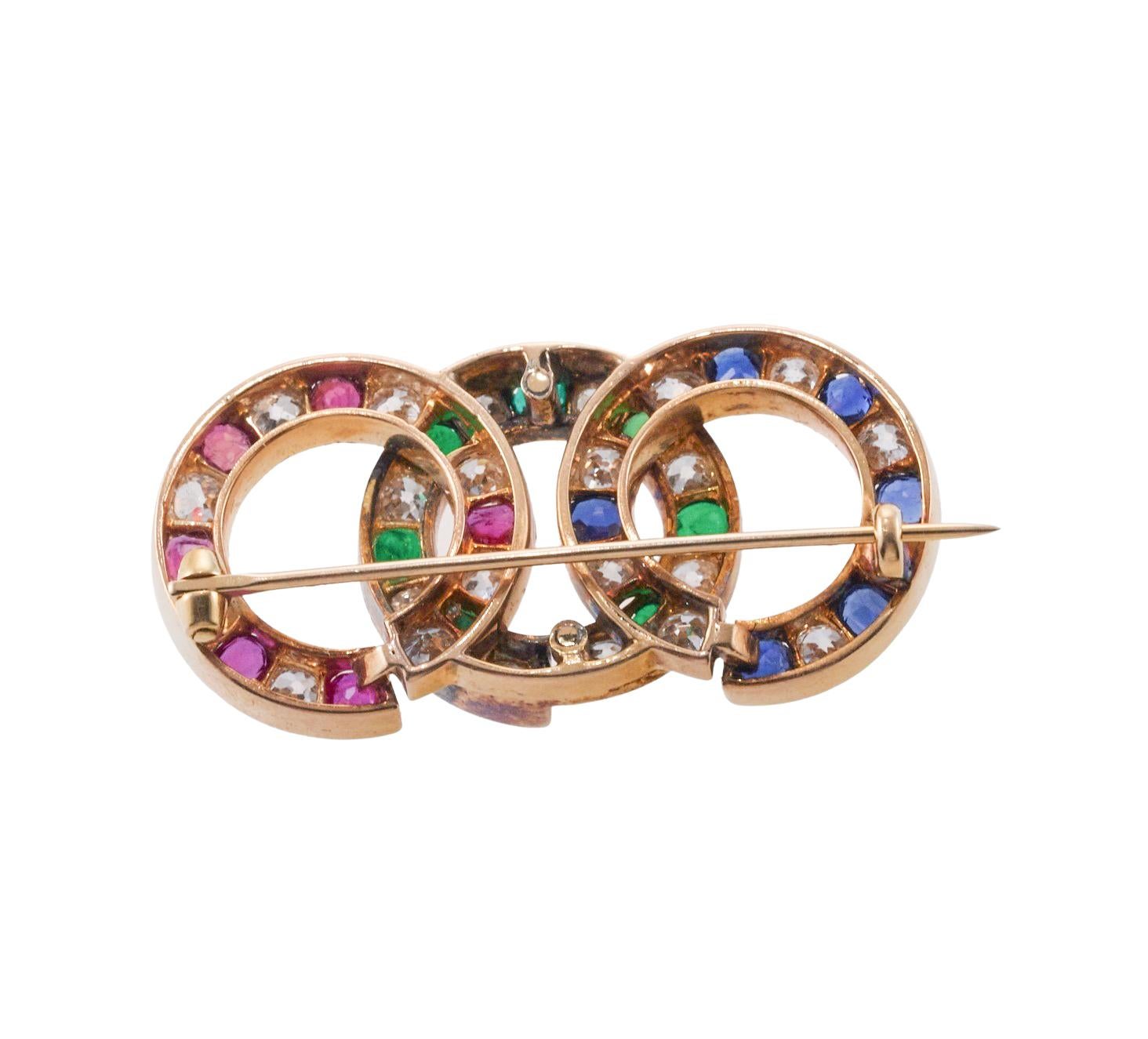 Ruby Emerald Sapphire Old Mine Cut Diamond Gold Circle Brooch  In Excellent Condition For Sale In New York, NY
