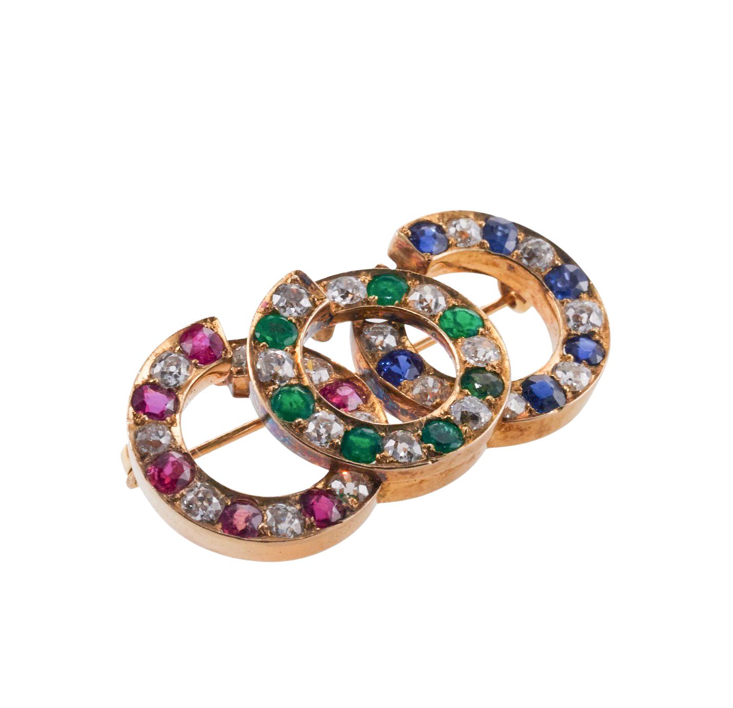 Women's Ruby Emerald Sapphire Old Mine Cut Diamond Gold Circle Brooch  For Sale